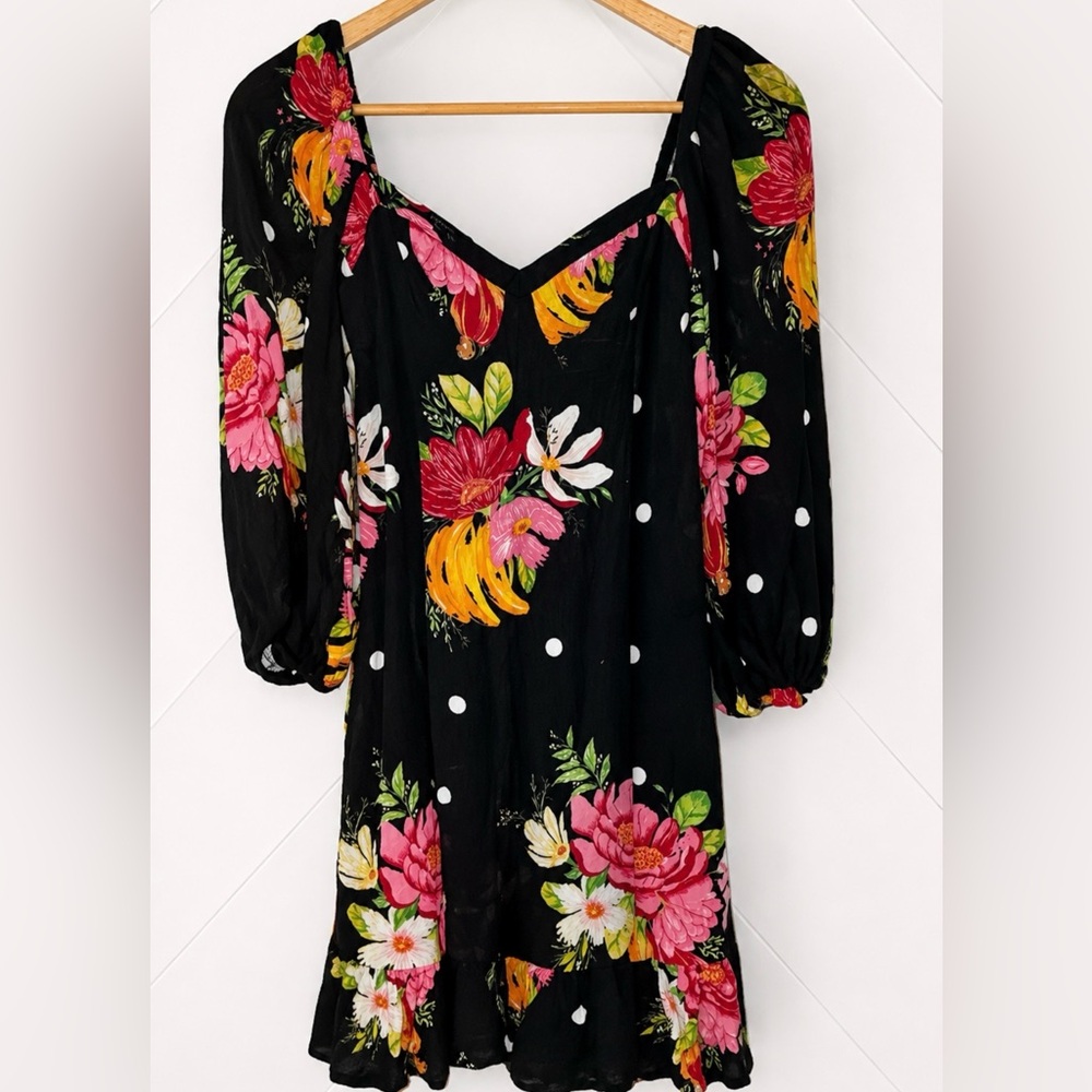 Farm Rio Nanaju Floral Mini tropical Bold Dress in Black Multi Pinks Orange XS - Picture 6 of 10